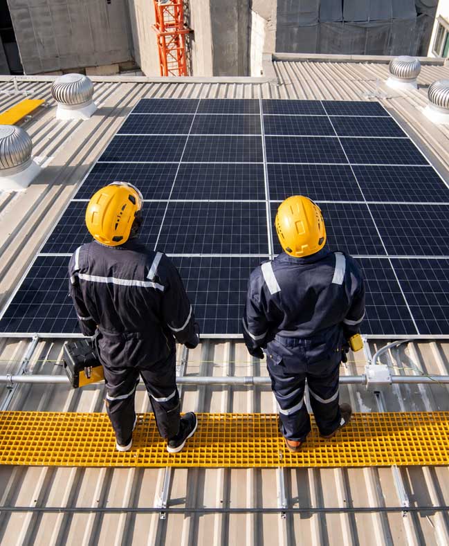 Commercial solar installers inspecting rooftop solar panels on an industrial building